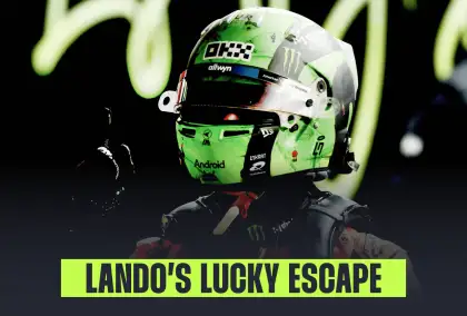 A dramatic shot of Lando Norris raising his finger in celebration with a banner reading: 'Lando's lucky escape'