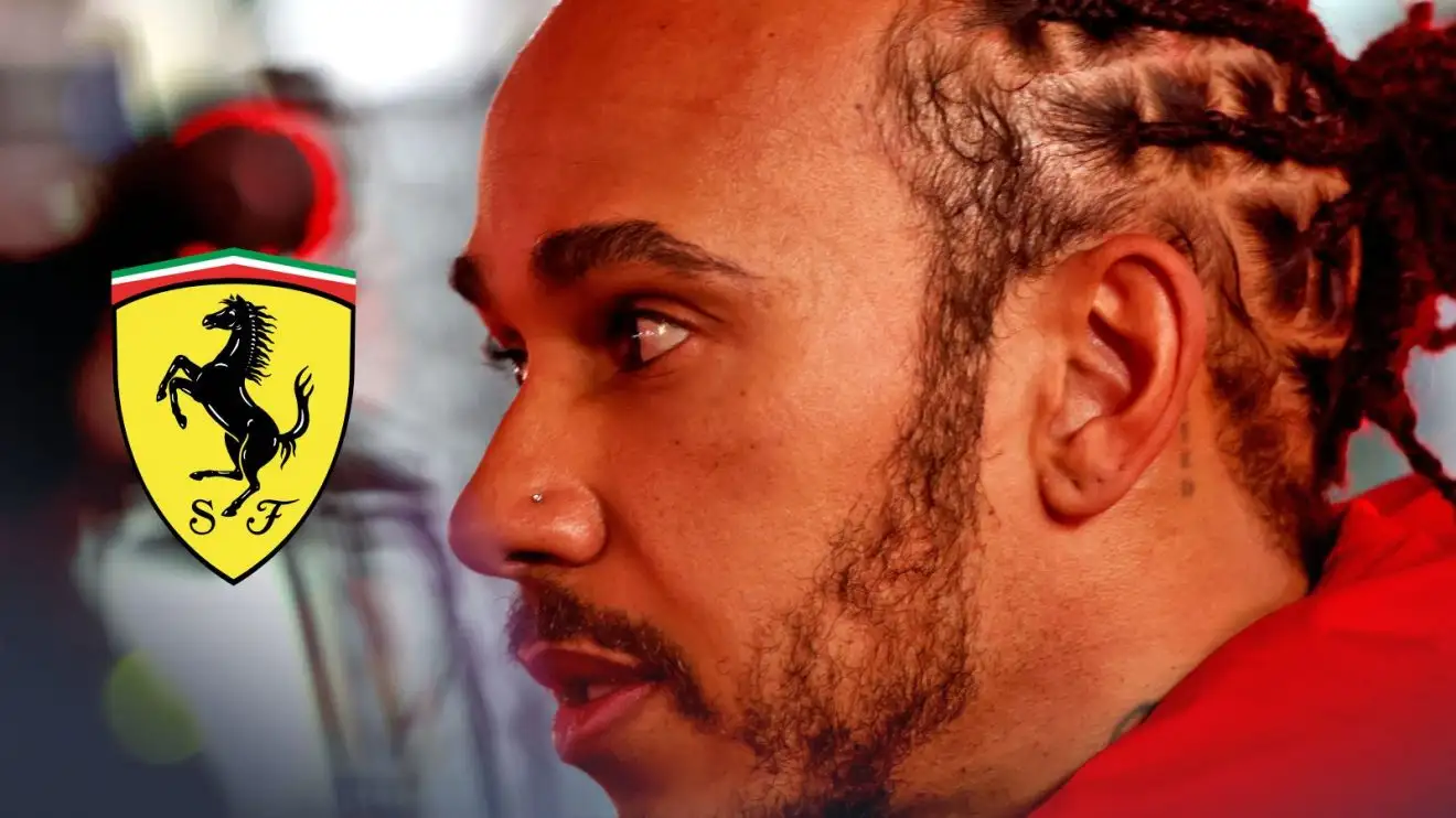 Lewis Hamilton, Ferrari, pictured at the 2025 Las Vegas GP, as a Ferrari logo appears on the left