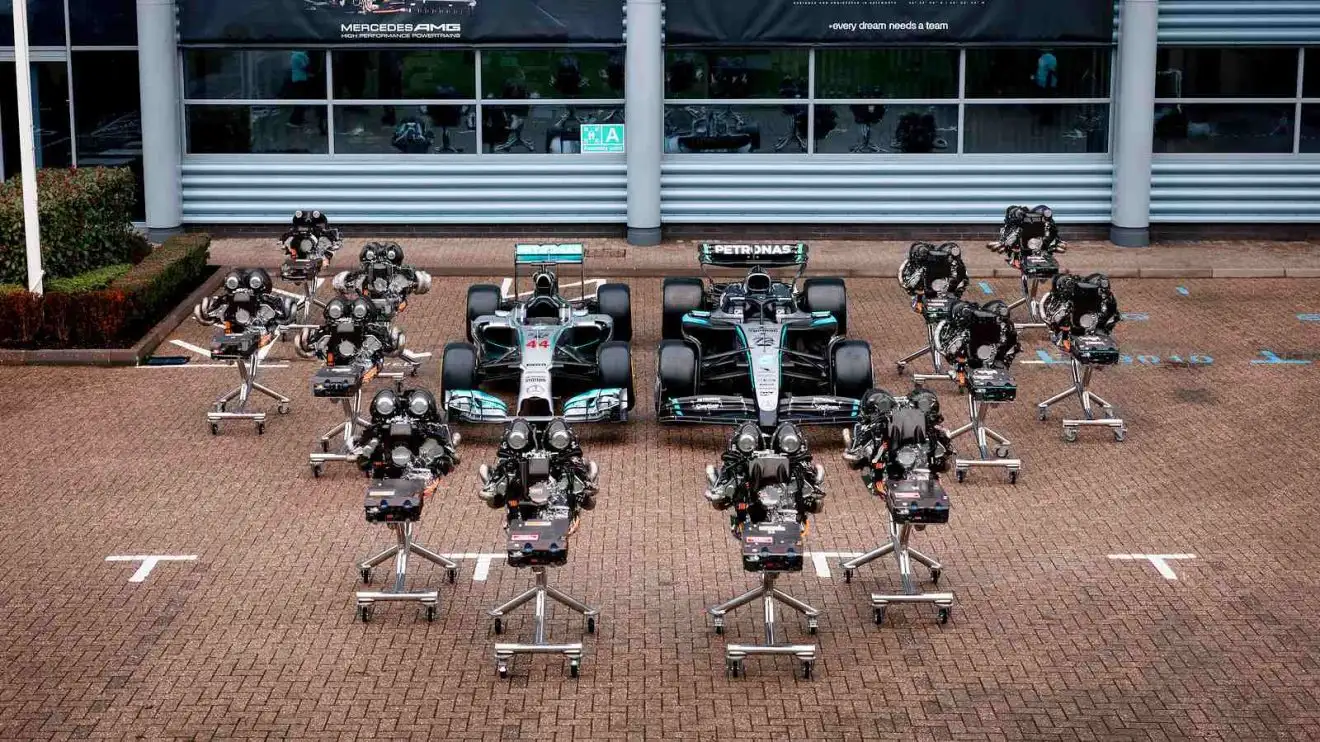 Mercedes Celebrates Dominant Turbo-Hybrid Era with Historic Engine Display