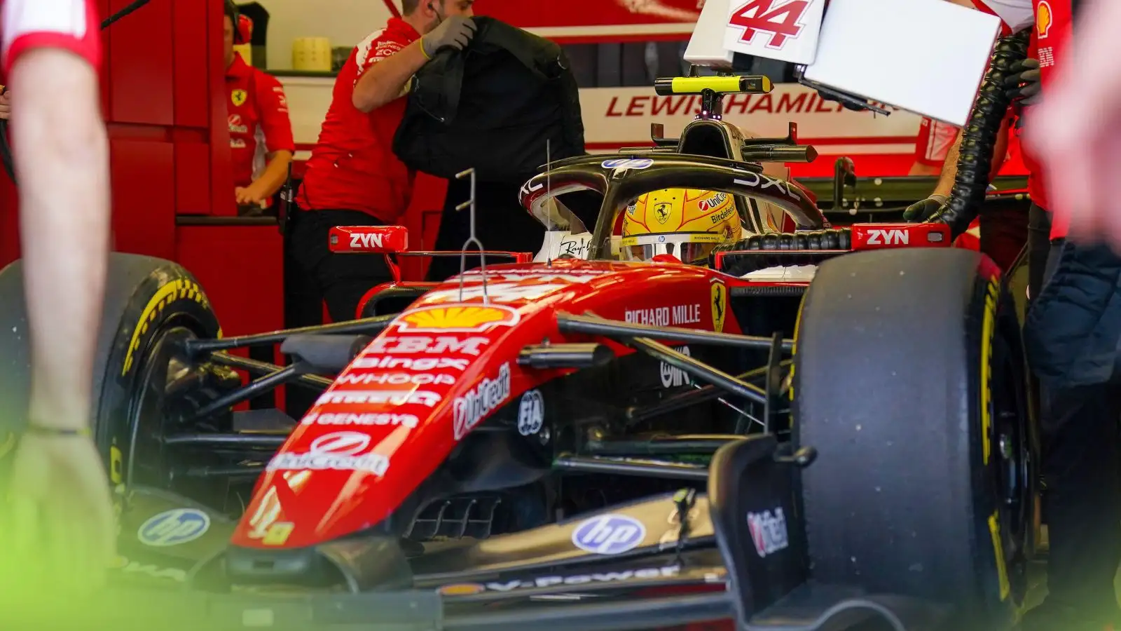 Lewis Hamilton revving the Ferrari during Bahrain testing