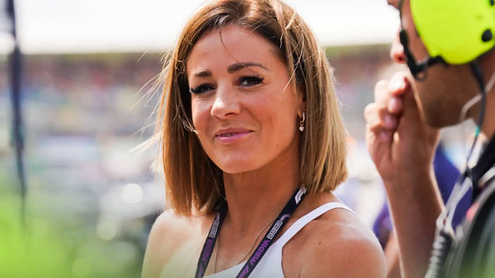 Natalie Pinkham presenting at a Grand Prix event