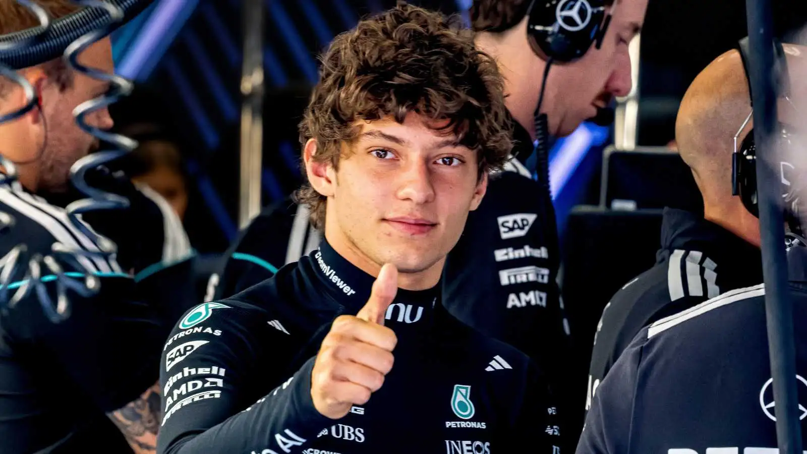 Kimi Antonelli giving a thumbs up during the 2026 Belgian Grand Prix weekend.