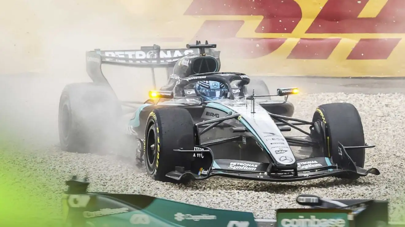 George Russell's car in the gravel trap at the Belgian Grand Prix.