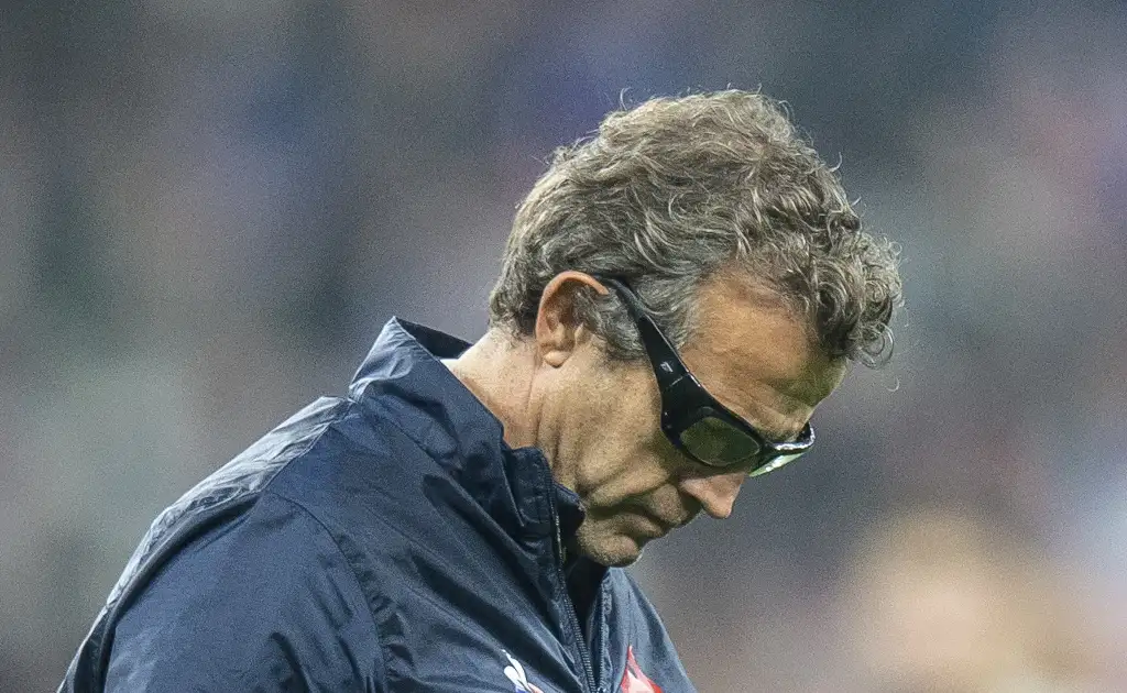 France: Fabien Galthie scratches his head in the Quarterfinal between France and South Africa of the Rugby World Cup 2023