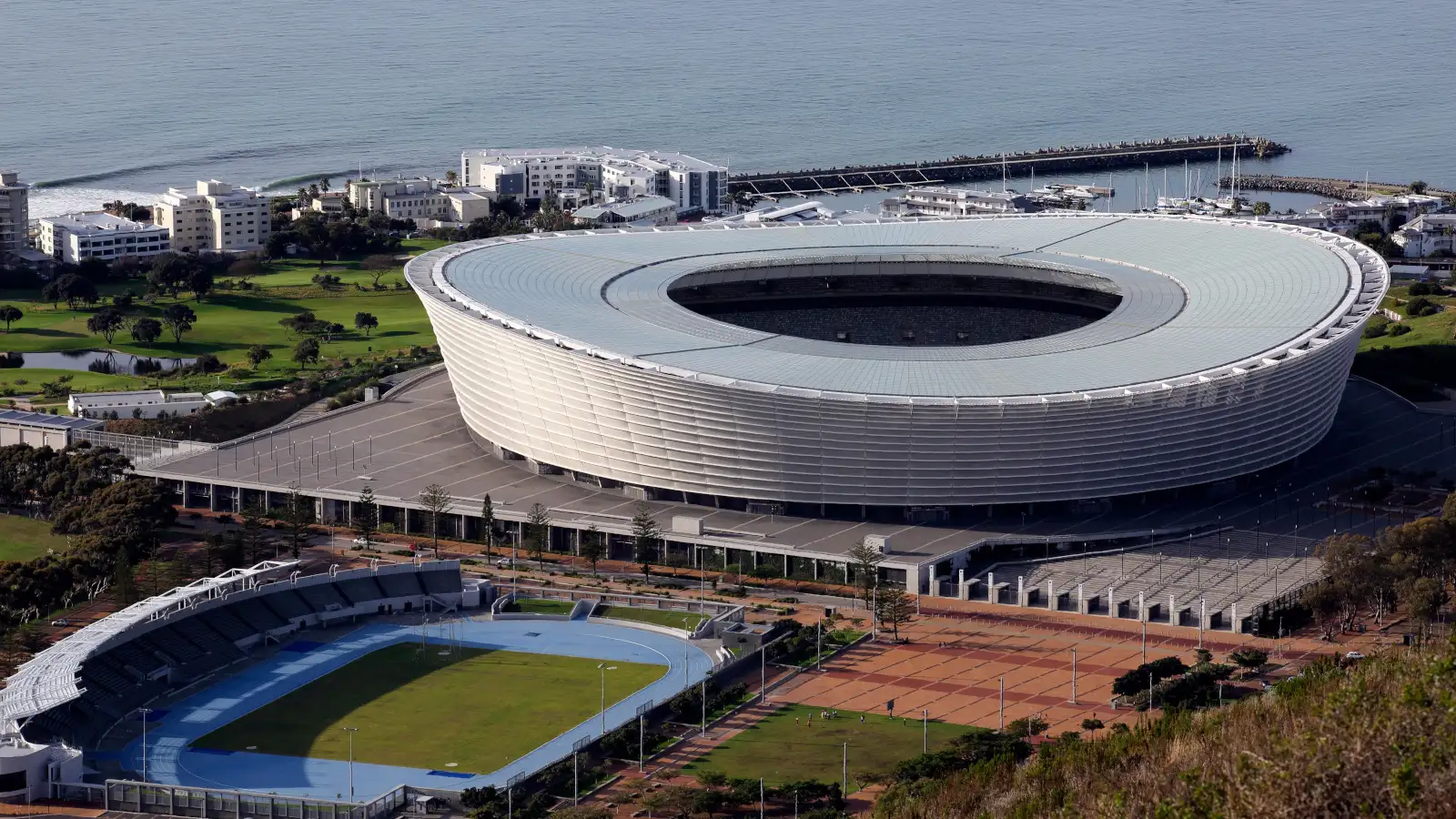 Cape Town Stadium from above before the Rugby World Cup sevens in 2022.