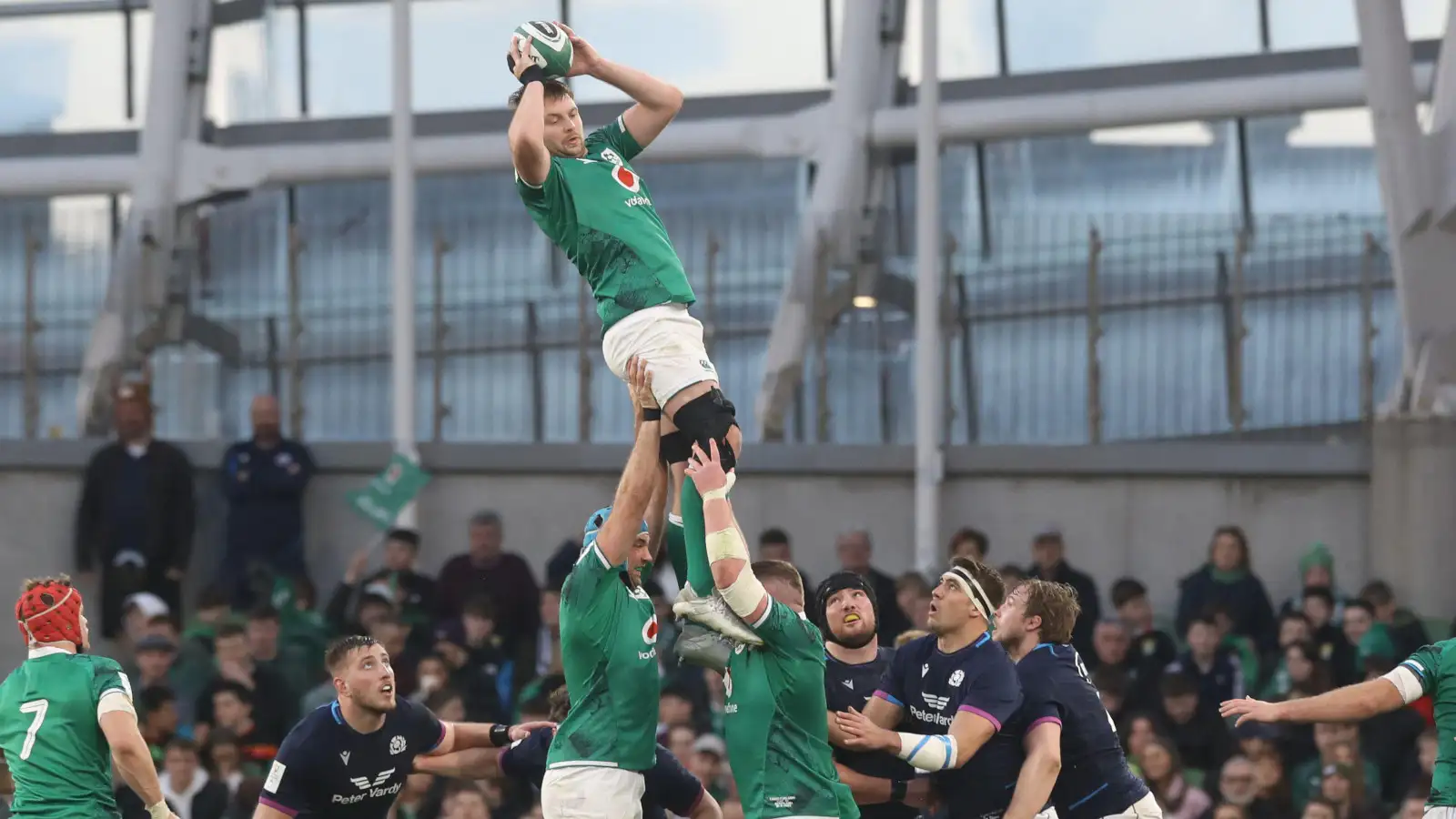 Ireland Iain Henderson takes the ball in the lineout against Scotland.