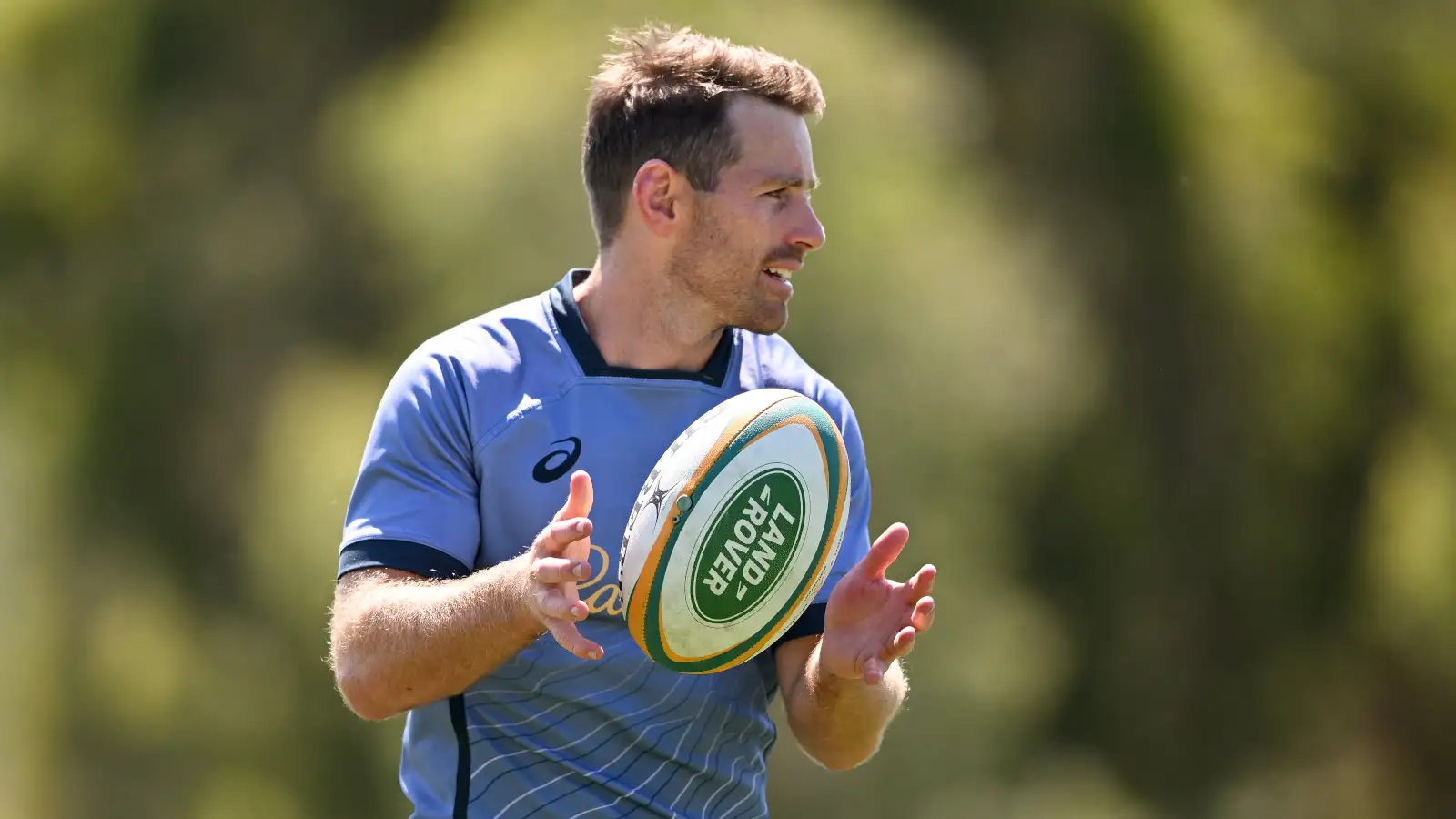 Wallabies fly-half Bernard Foley with the ball at training before the first Bledisloe Test of 2022.