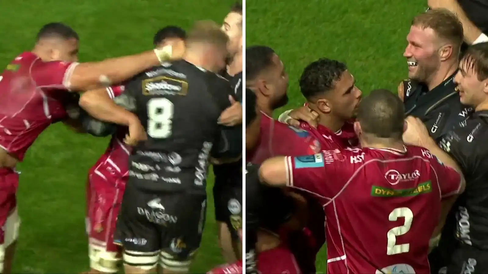 Scarlets back-rower Sione Kalamafoni will likely cop a lengthy ban after referee Ben Whitehouse red carded him for punching Ross Moriarty in the Welsh United Rugby Championship (URC) derby against the Dragons on new years day. rugby fights