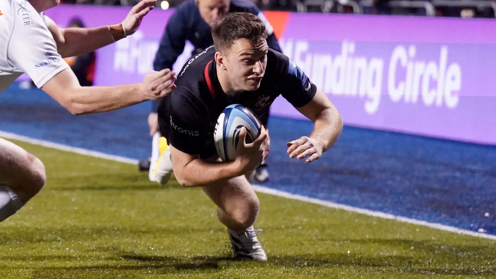 Saracens wing Alex Lewington scoring a try.
