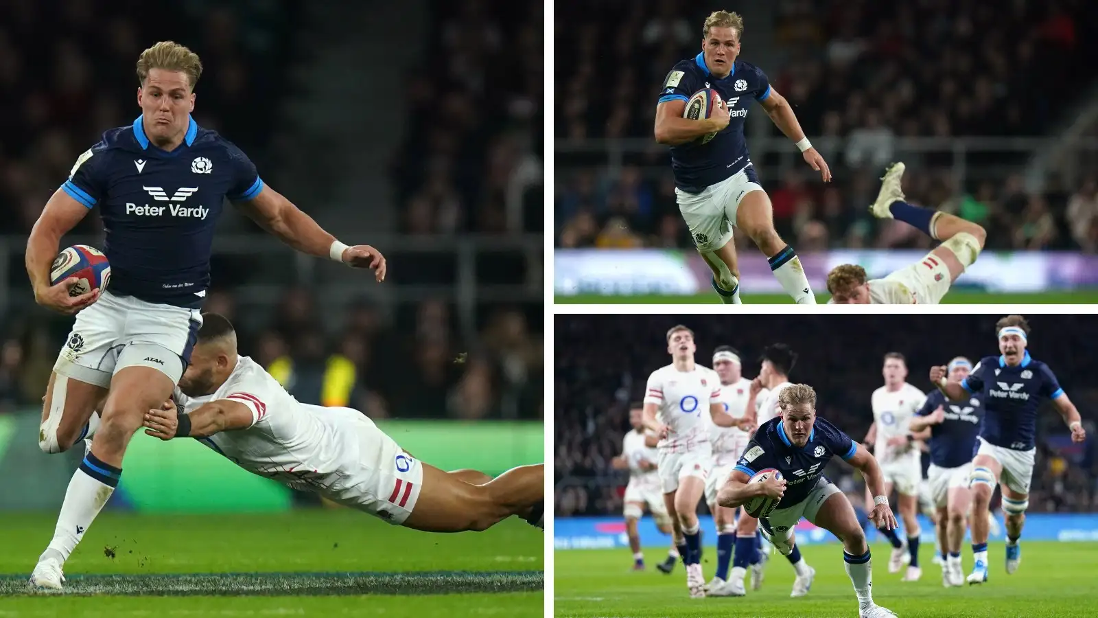 Scotland winger Duhan van der Merwe has scored one of the greatest Six Nations tries of all time against England at Twickenham. Gregor Townsend's side charged into the lead in the 15th minute, with Huw Jones scoring the first try off a neat grubber from Finn Russell. Jones scoring his fifth try in as many matches against England.