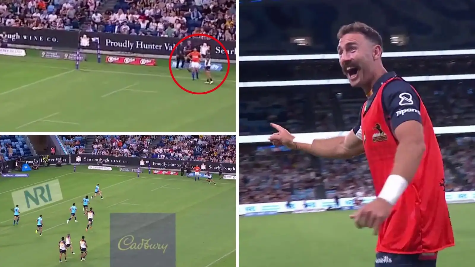 Super rugby Pacific Waratahs Brumbies speedster Andy Muirhead was almost caught out by his own teammate in one of the most bizarre tries we have seen in his side's 31-25 win in Sydney.