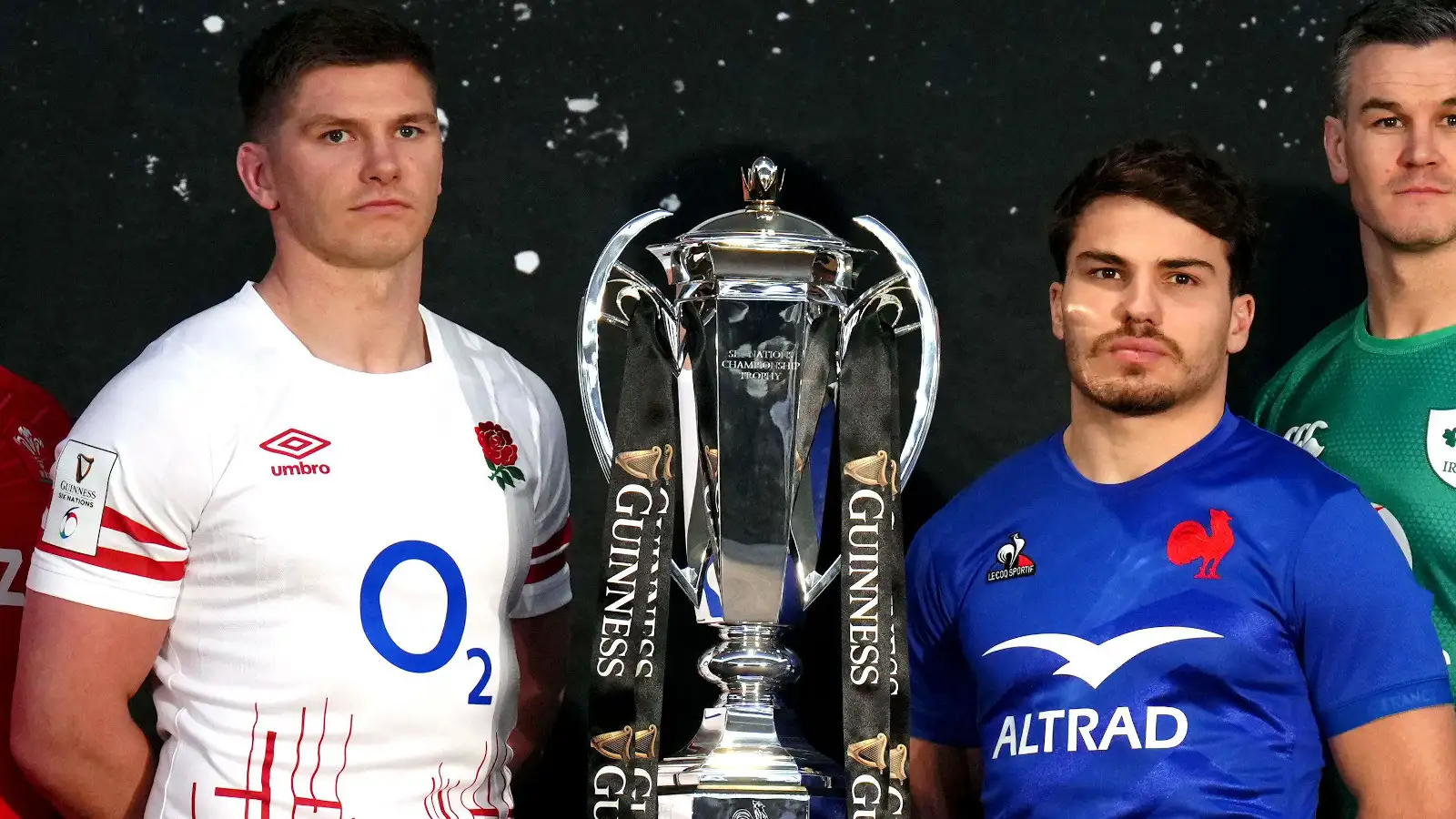 Owen Farrell and Antoine Dupont with Six Nations trophy