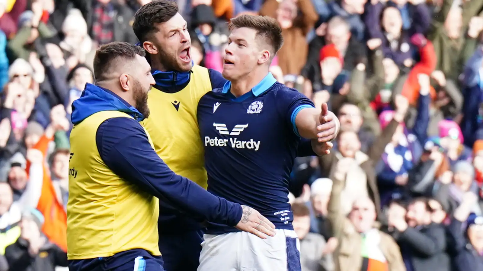 Scotlands Huw Jones celebrates scoring a try during the Guinness Six Nations match at BT Murrayfield Stadium, Edinburgh. Picture date: Sunday March 12, 2023.
