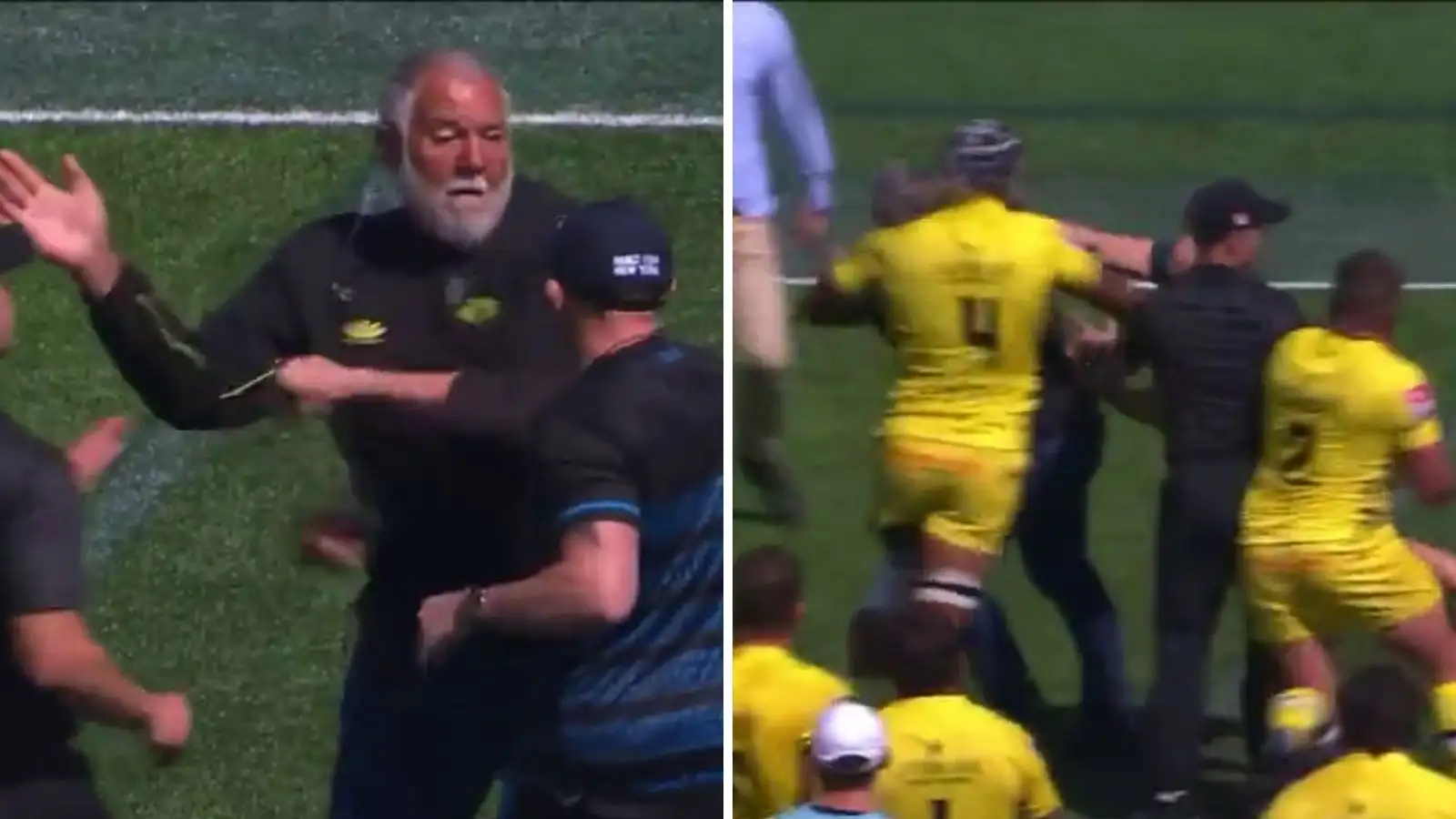 Tempers flared as coaches Pote Human and Ollie Richardson got into a fight during the MLR game between Houston Sabercats and Rugby New York.