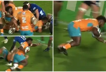 WATCH: Moana Pasifika’s Timoci Tavatavanawai catches opponents by surprise to score a try in loss to Blues