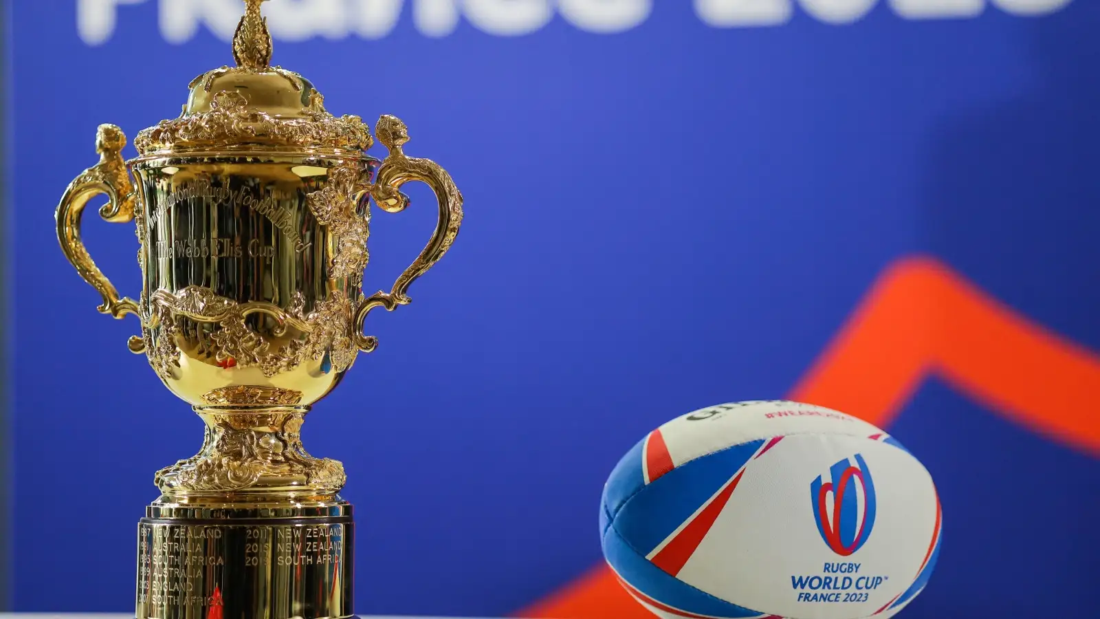 The world cup trophy at the France Vs New Zealand match. In a