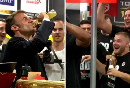 WATCH: French President CHUGS a beer while celebrating with Toulouse