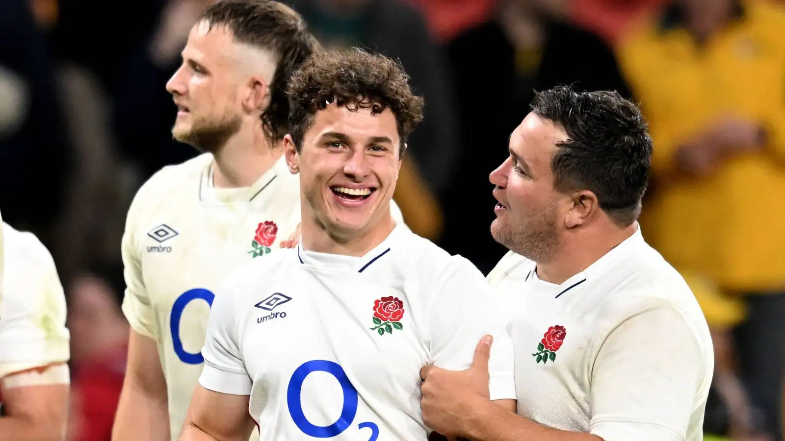 Racing 92 bound Henry Arundell (left) and Jamie George (right) of England celebrate winning the second Test match of the International Rugby Test series between Australia and England