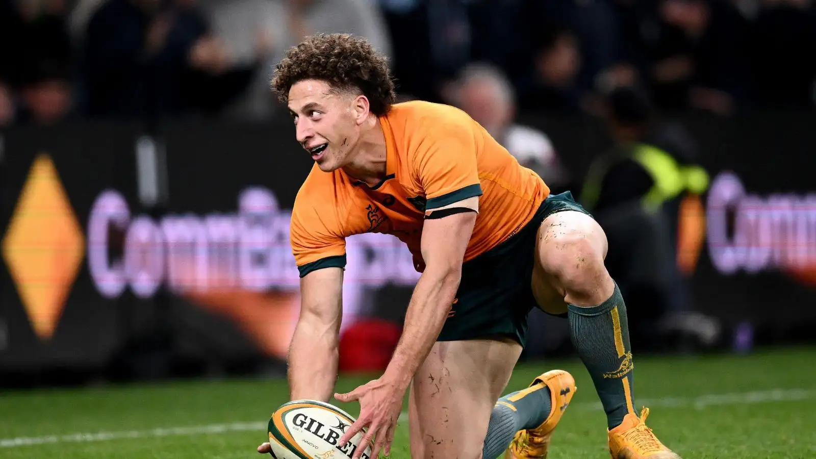 Mark Nawaqanitawase of the Wallabies celebrates after scoring a try during the eToro Rugby Championship Test match between the Australian Wallabies and the Argentina Pumas at CommBank Stadium in Sydney