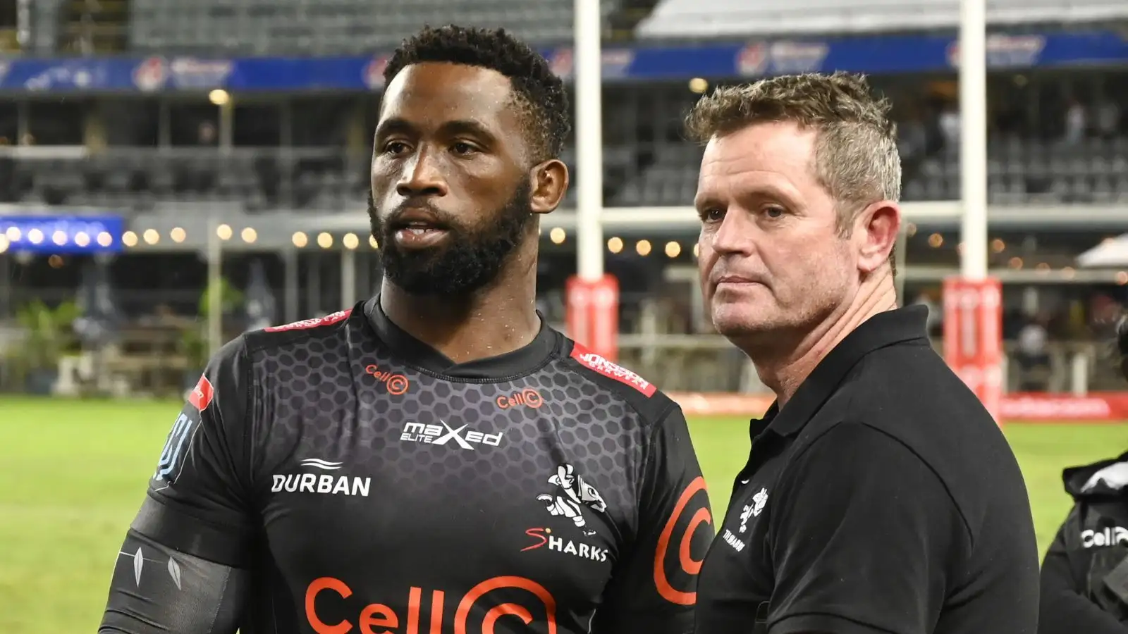 Siya Kolisi, Captain of the Sharks and sharks coach Sean Everitt during the United Rugby Championship 2021/22 match between the Sharks and Edinburgh held at Kings Park in Durban on 26 March 2022