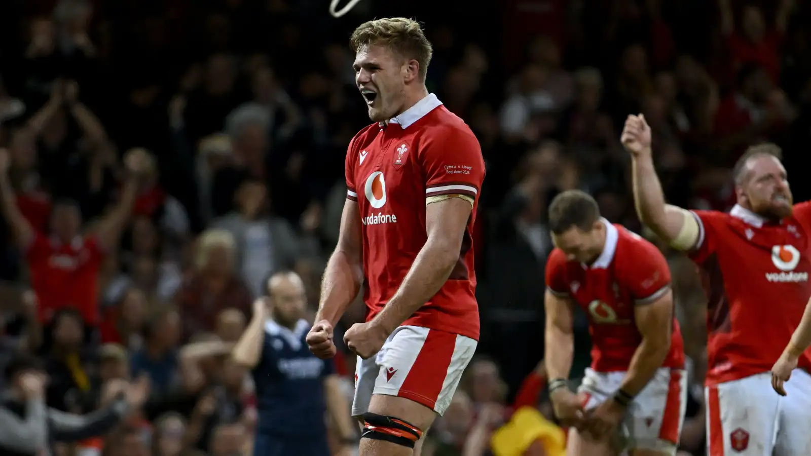 Taine Plumtree celebrates Wales win over England.