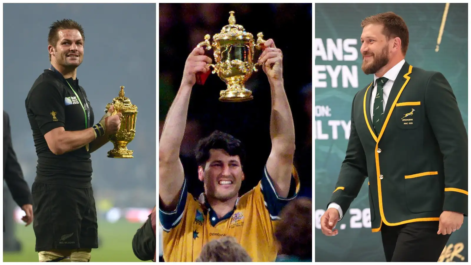 Les légendes de la Coupe du monde de rugby Richie McCaw, John Eales et Frans Steyn.