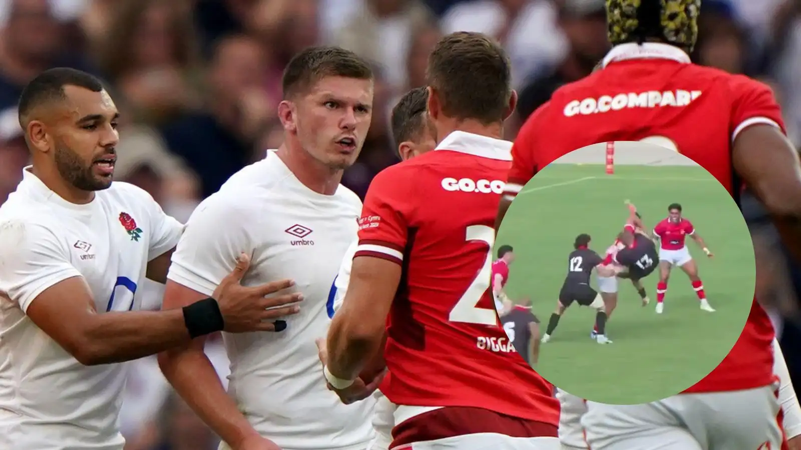 England captain Owen Farrell squares up with Dan Biggar plus an image of Tonga centre George Moala's red card which could rule him out of the Rugby World Cup