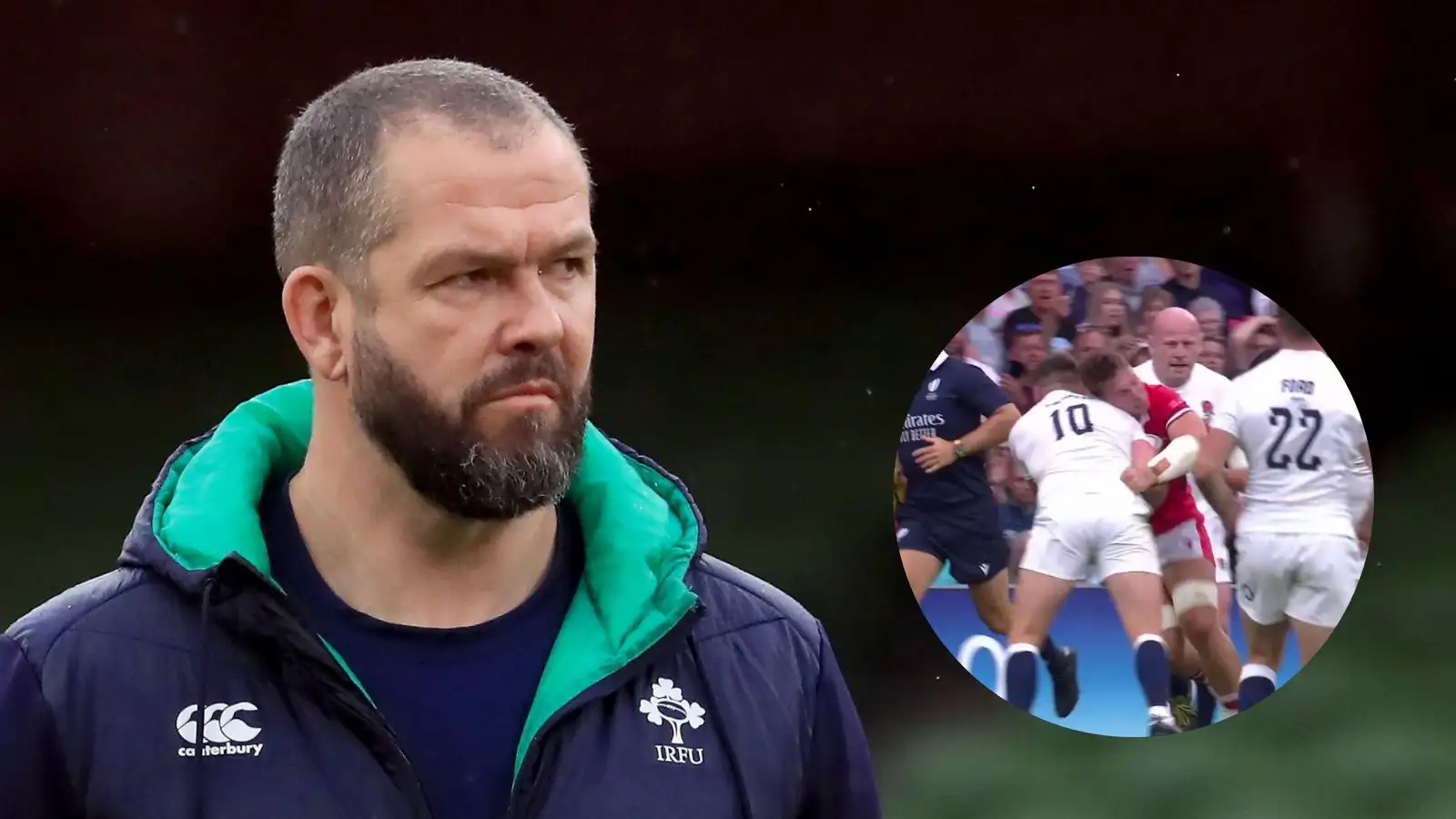 Ireland head coach Andy Farrell and an image of Owen Farrell's tackle on Taine Basham in the World Cup warm up match