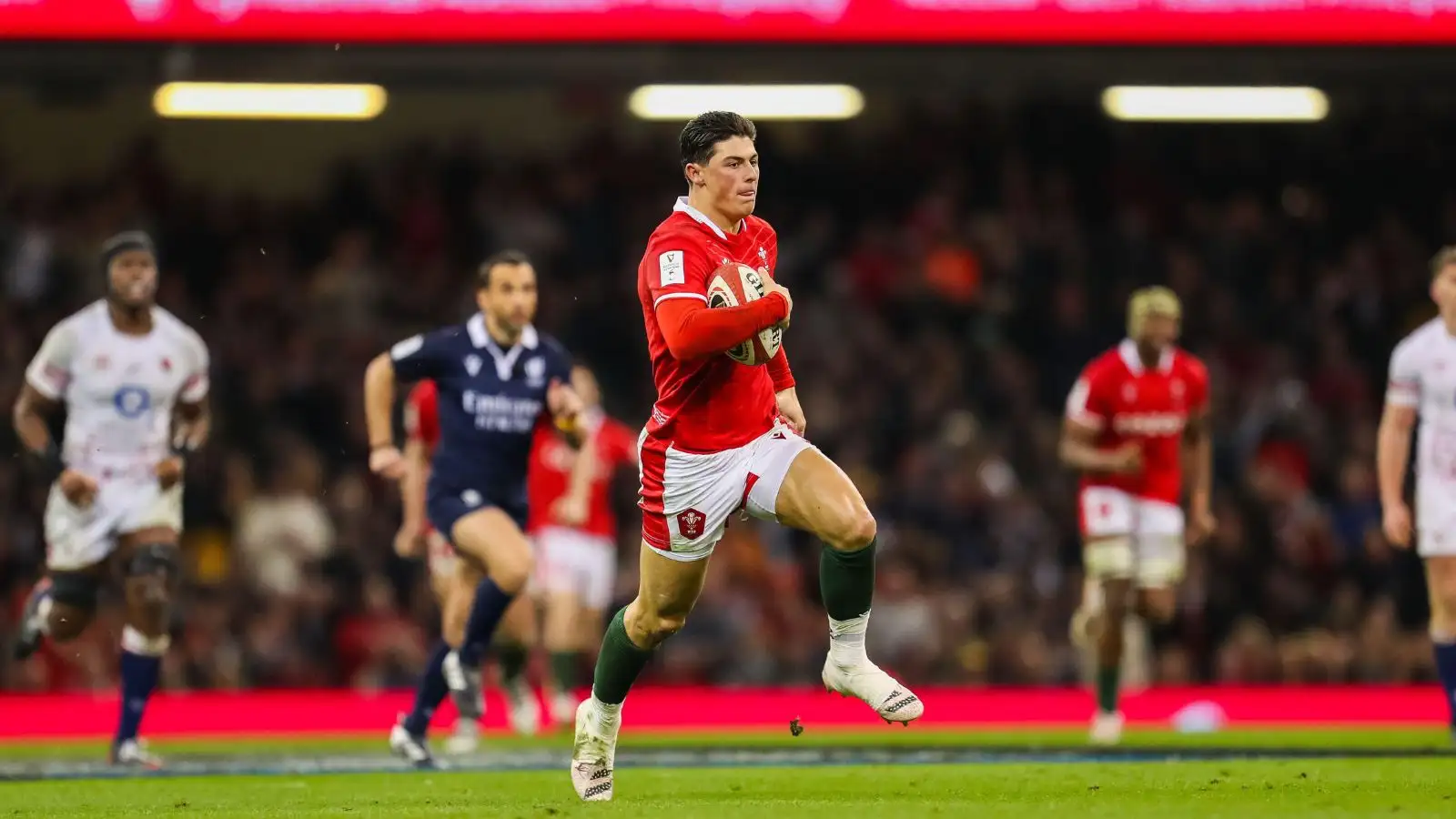 25th February 2023; Principality Stadium, Cardiff, Wales: Six Nations International Rugby Wales versus England; Louis Rees-Zammit of Wales races away to score his sides first try