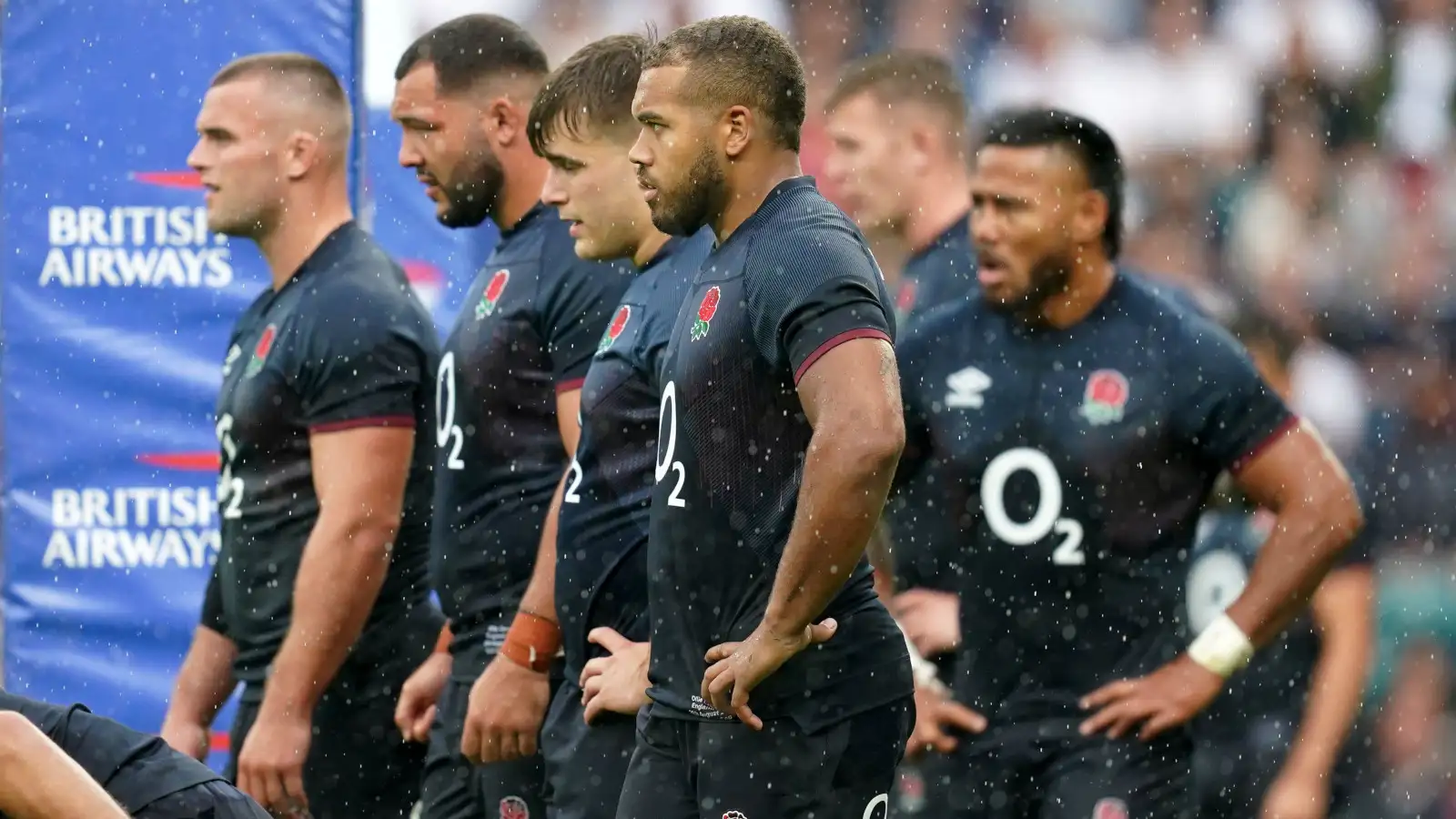England players dejected after conceding try against Fiji in Rugby World Cup warm-up.