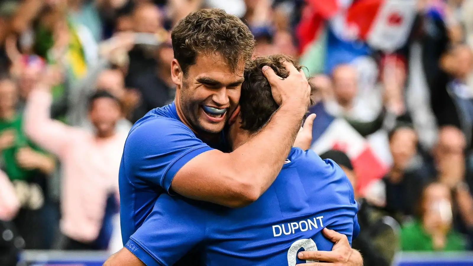 Saint Denis, France. 27th Aug, 2023. Damian PENAUD of France celebrate his try with Antoine DUPONT of France during the Summer Nations Series 2023, rugby union match between France and Australia on August 27, 2023 at Stade de France in Saint-Denis near Paris, France
