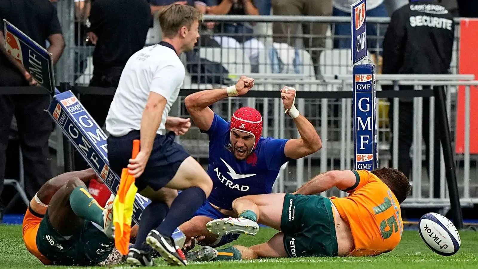 France's Gabin Villiere celebrates scoring a try during the International Rugby Union World Cup warm-up match between France and Australia at the Stade de France stadium in Saint Denis, outside Paris