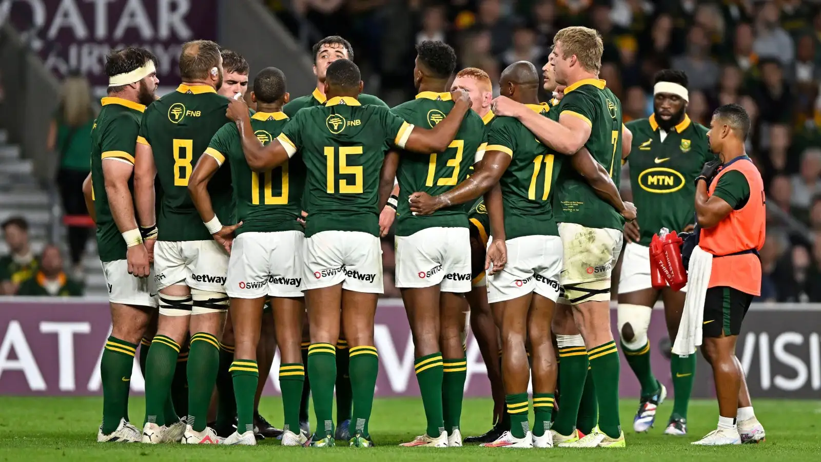 The Springboks huddle during a Test against New Zealand.