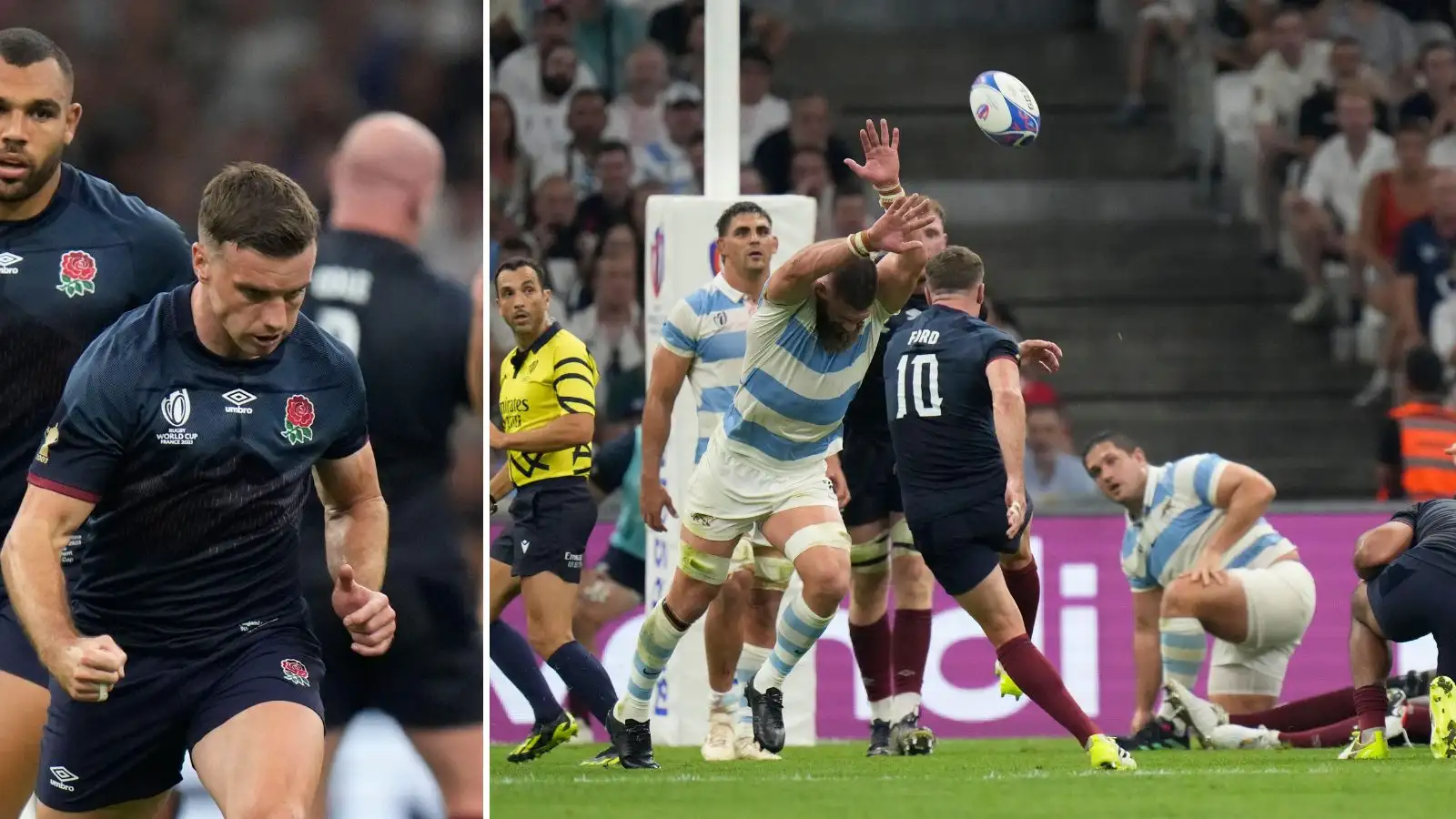 England's George Ford scores a drop goal during the Rugby World Cup Pool D match between England and Argentina in the Stade de Marseille