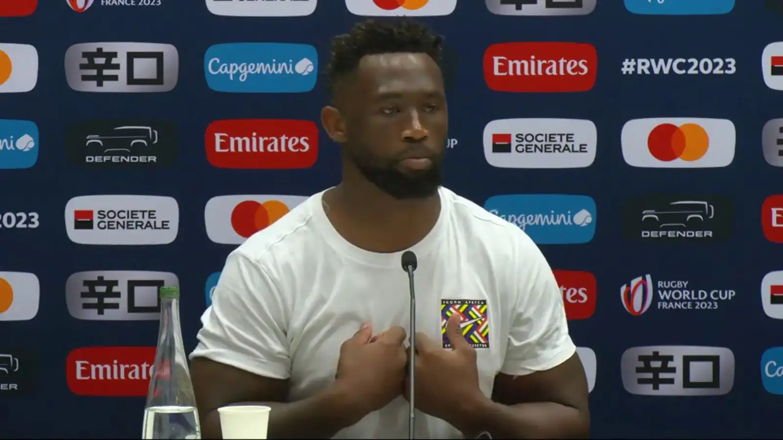 Springboks captain Siya Kolisi during the post match press conference after South Africa v Scotland - Rugby World Cup (Credit: Rugby World Cup)