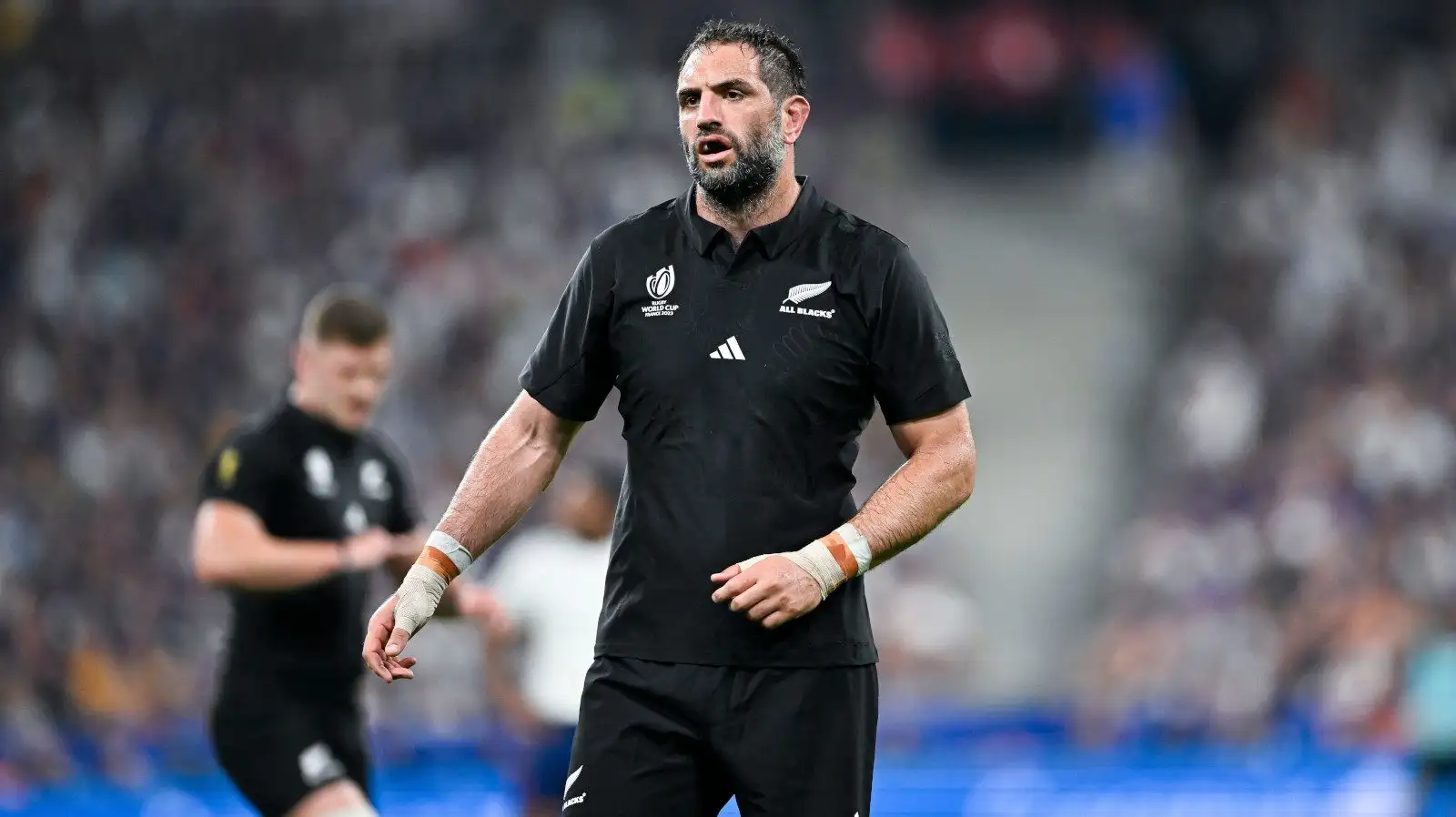 Sam Whitelock pour les All Blacks lors du choc de la Coupe du monde de rugby avec la France en 2023