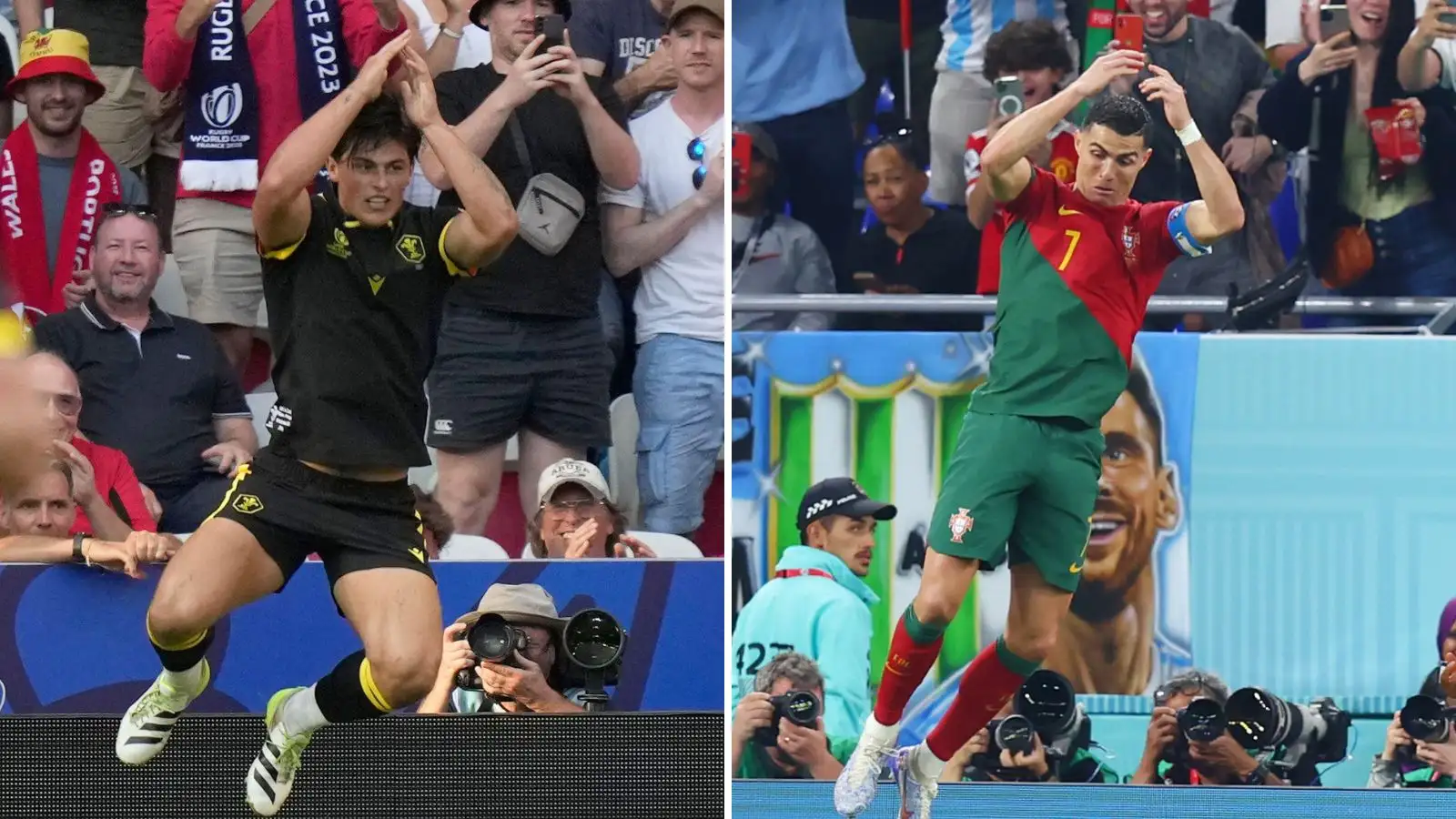 Wales winger Louis Rees-Zammit and Portugal football star Critsiano Ronaldo. - Rugby World Cup