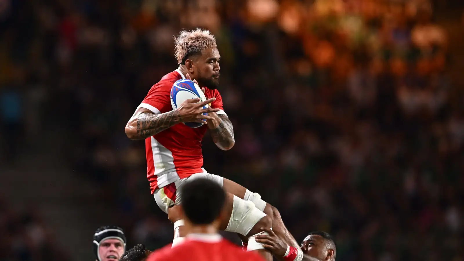 Tonga's Vaea Fifita catches the ball in a lineout during the Rugby World Cup Pool B match between Ireland and Tonga at the State de la Beaujoire in Nantes