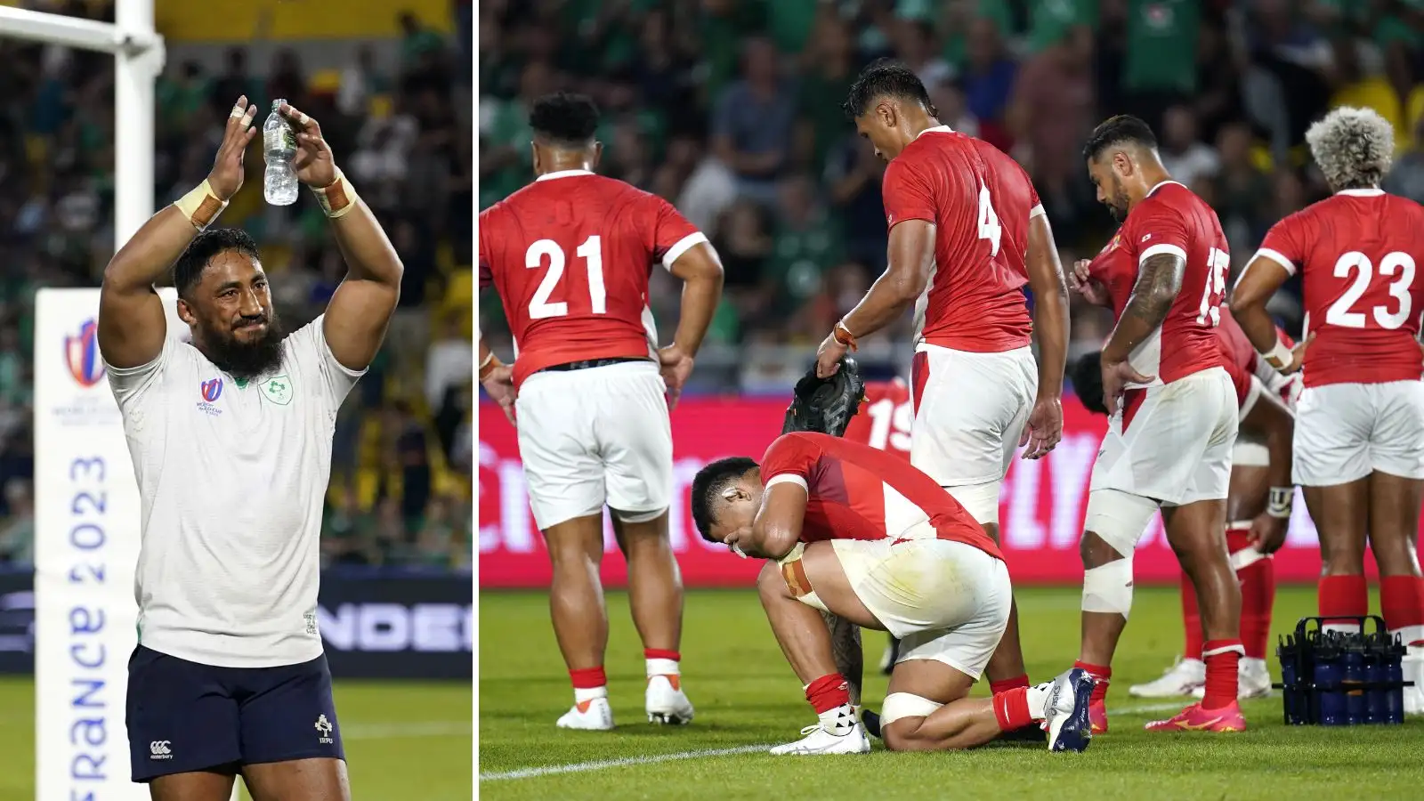 L'Irlandais Bundee Aki et l'équipe de Tonga Rugby après le choc de la Coupe du Monde de Rugby