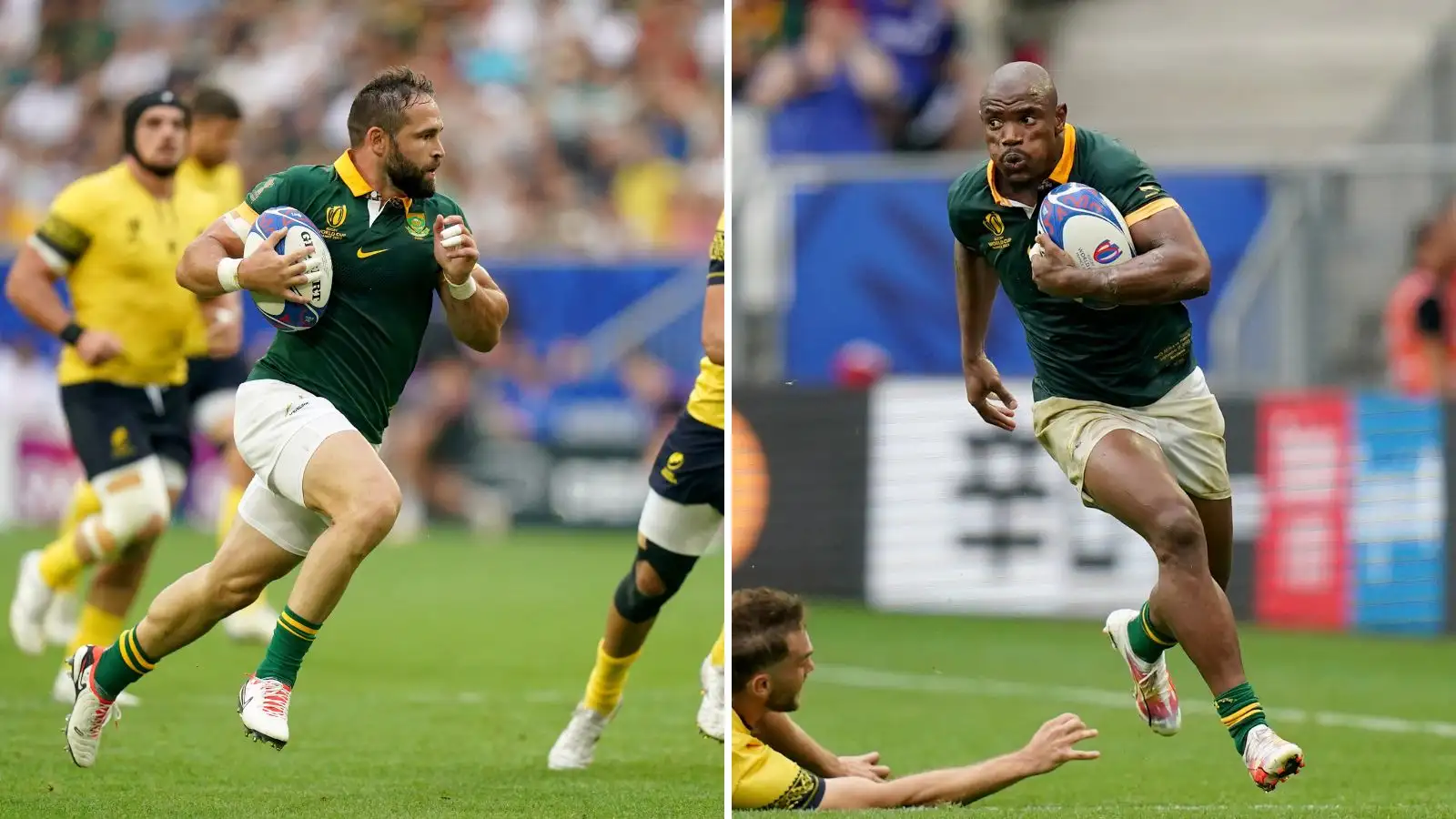 Springboks Cobus Reinach and Makazole Mapimpi in action during the Rugby World Cup match against Romania