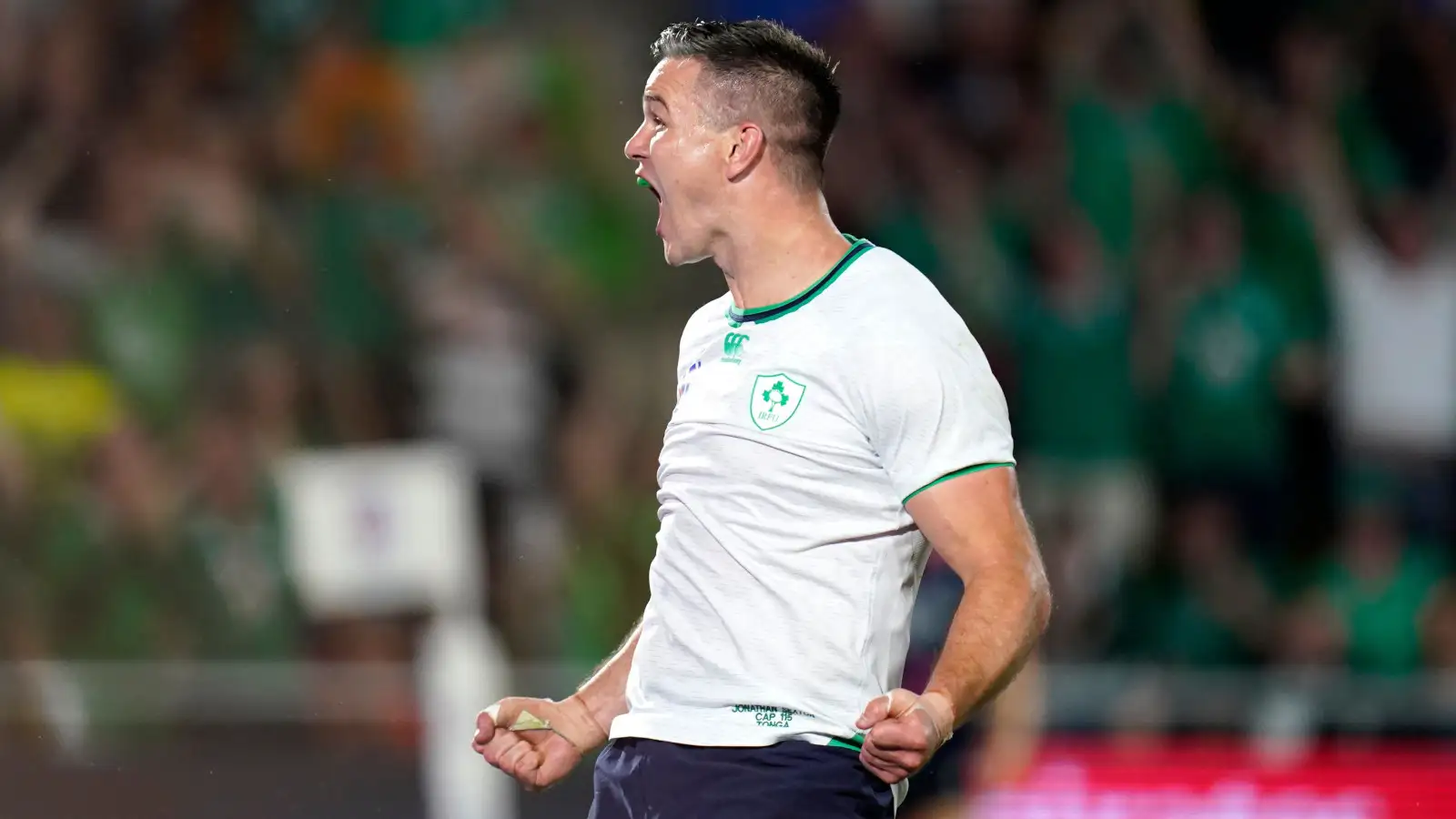 Johnny Sexton celebrates breaking Ireland's points record against Tonga in Rugby World Cup.