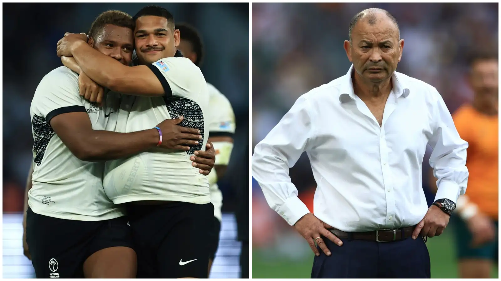 Fiji after Rugby World Cup win over Wallabies as Eddie Jones looks on.