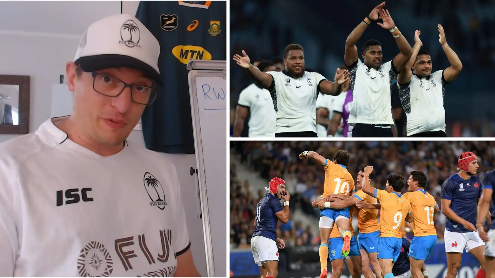 Two Cents Rugby plus Fiji and Uruguay players during the Rugby World Cup