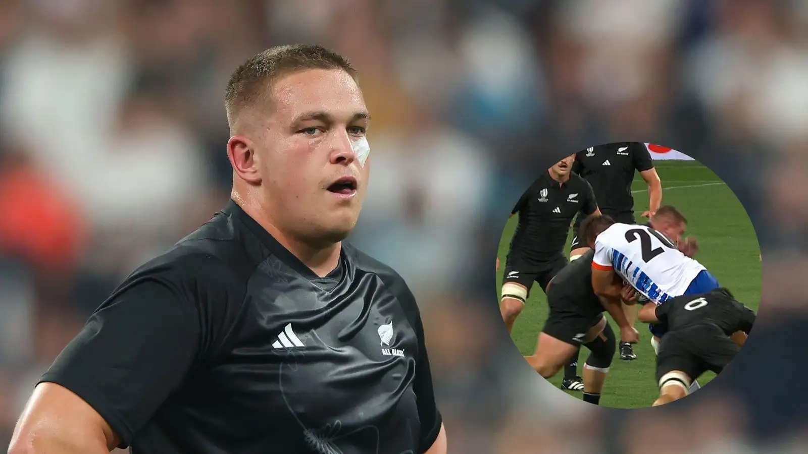 All Blacks prop Ethan de Groot red carded for his tackle during the Rugby World Cup match against Namibia.