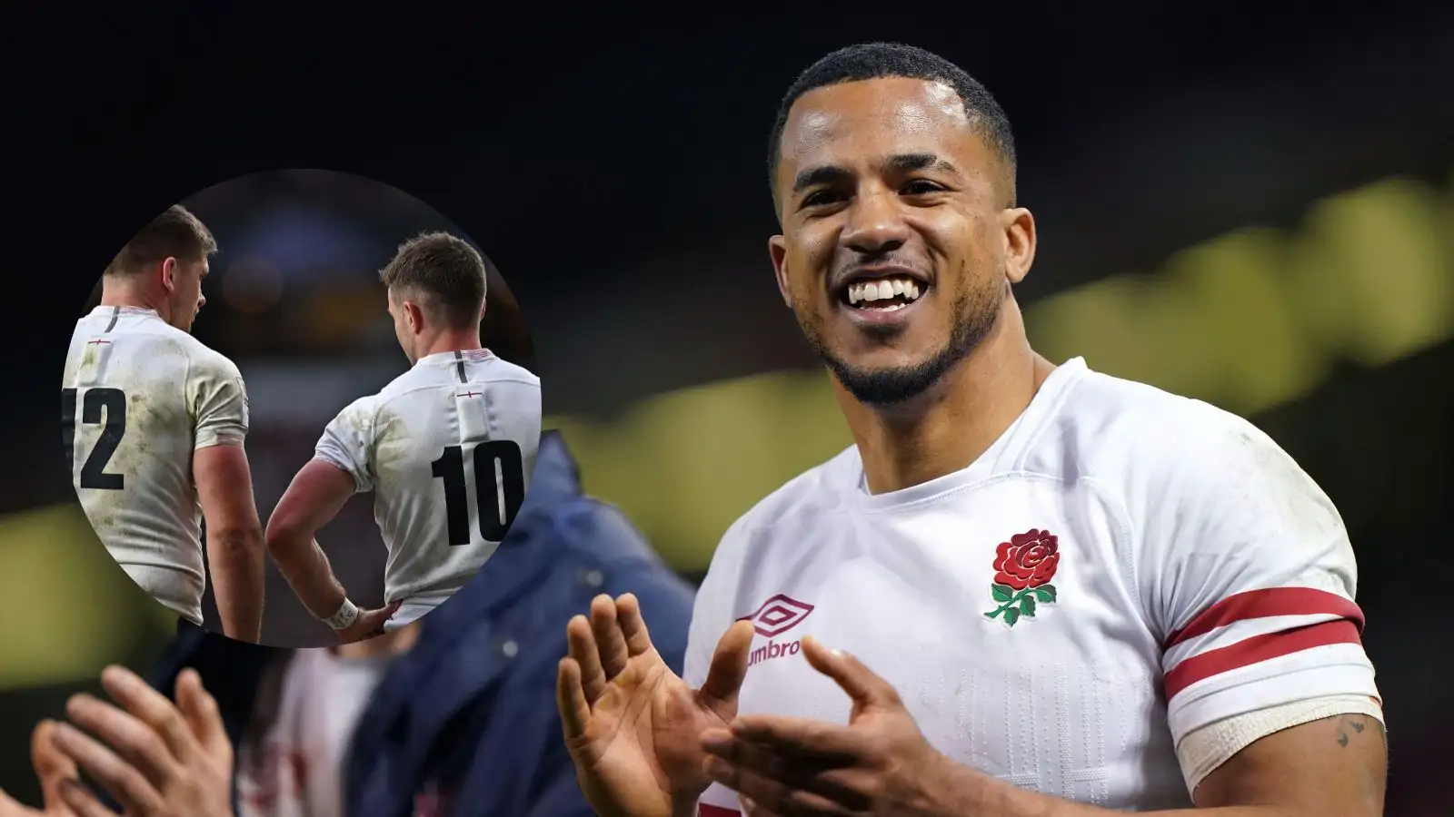England winger Anthony Watson with a cut out of Owen Farrell and George Ford - Rugby World Cup