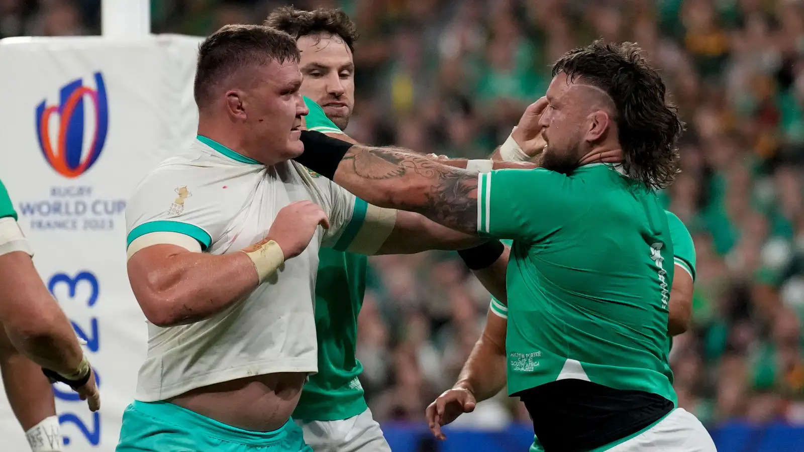 Springboks number eight Jasper Wiese squares off with Ireland prop Andrew Porter.
