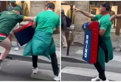 WATCH: Springboks v Ireland takes to the streets as fans collide in hilarious tackle shield face-off