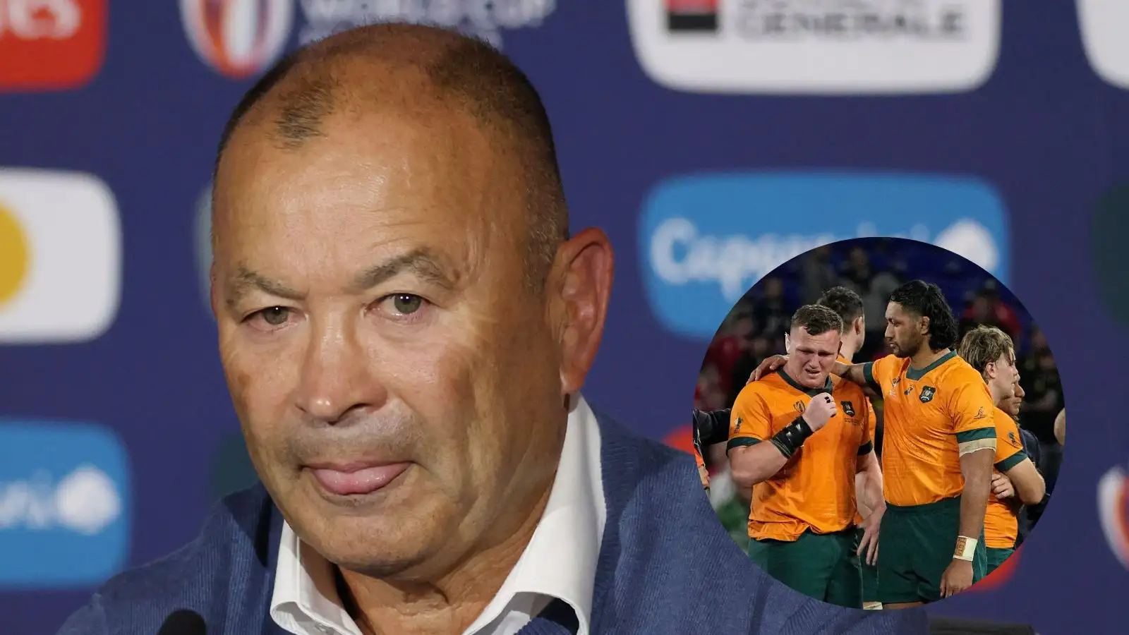 Eddie Jones, head coach of Australia, attends a press conference and Wallabies prop Angus Bell after their 6-40 lost against Wales in a Rugby World Cup Pool C match at the Parc OL stadium in Lyon, France
