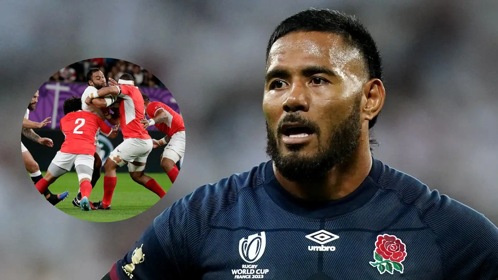 England centre Manu Tuilagi and cut of number eight Billy Vunipola during the 2019 Rugby World Cup match against Tonga
