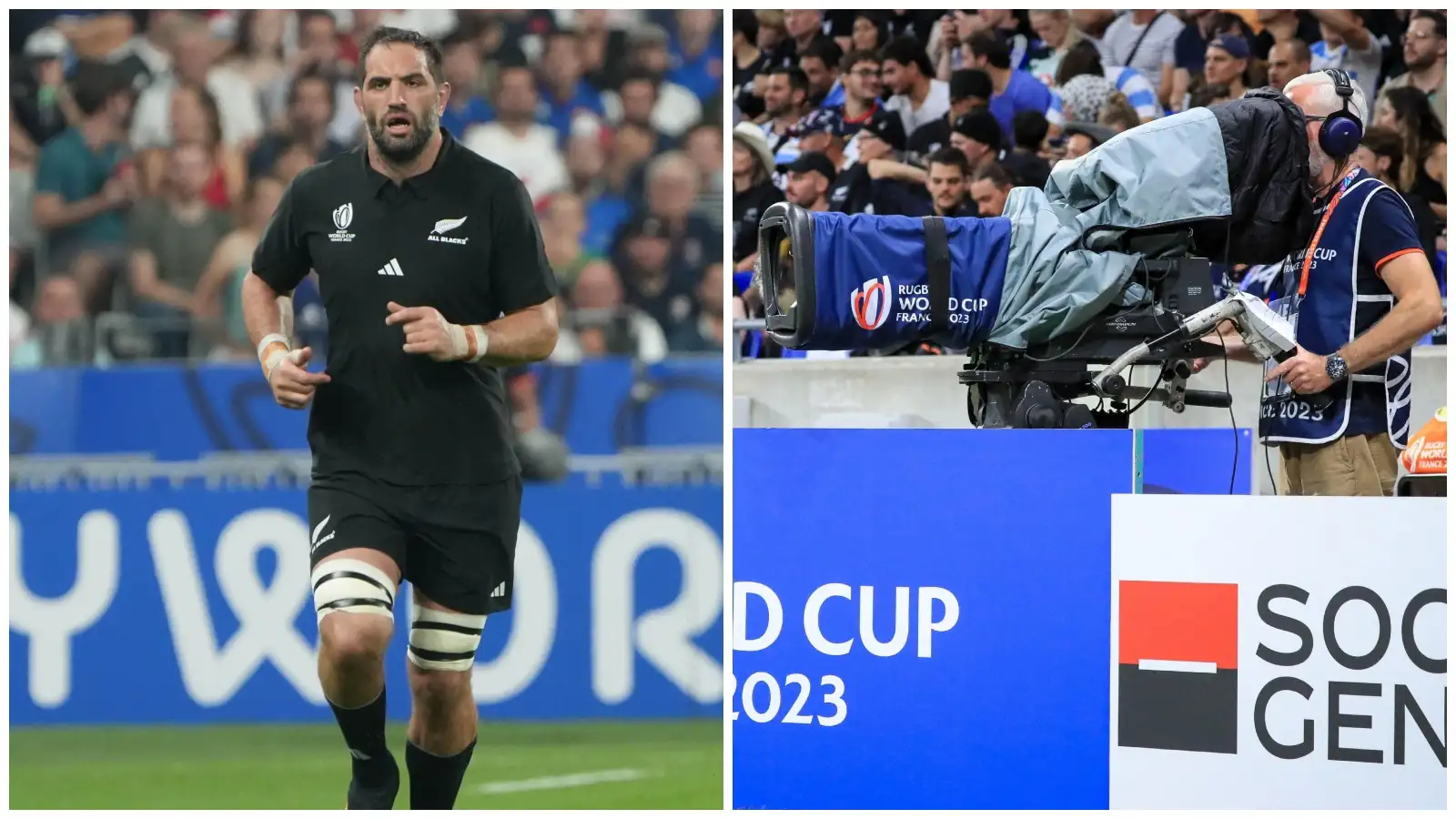 All Black star Sam Whitelock in a split with a cameraman.